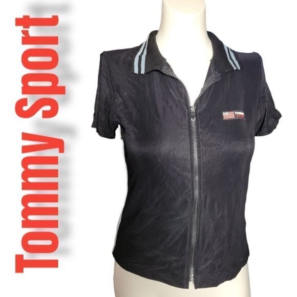 Vintage Tommy Sport full zip collared top XL Black with Baby blue stripes - Picture 1 of 4